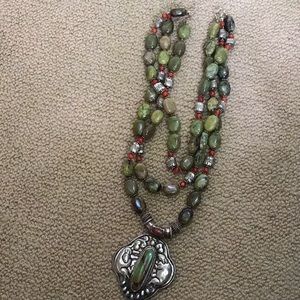 Large green, red, silver necklace